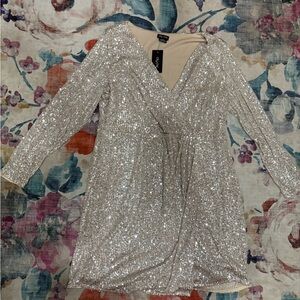 Silver Sequin Long Sleeve Dress